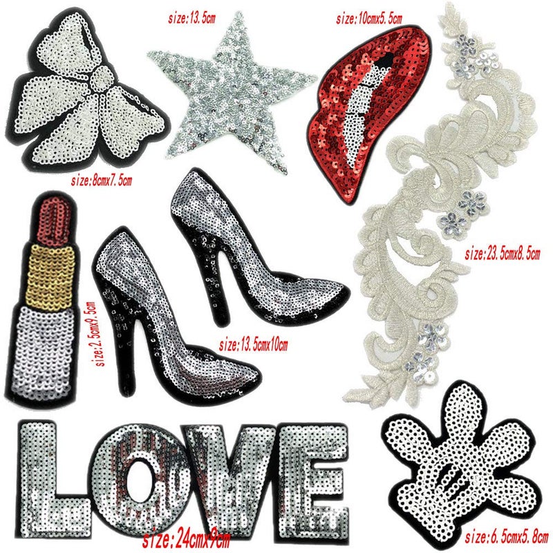 TATEELY 9 Pcs Sliver Embroidered Patches Lip/Lipstick Flower Iron On Patch Sewing On Sequins DIY Clothes Applique Garment Motif Woman Girl Brand Patch (Sliver (9pcs)) - Image 2